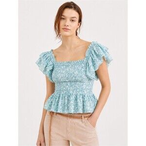 Love The Label Teal Floral Smocked Peplum Blouse Size Small Cottagecore Cropped